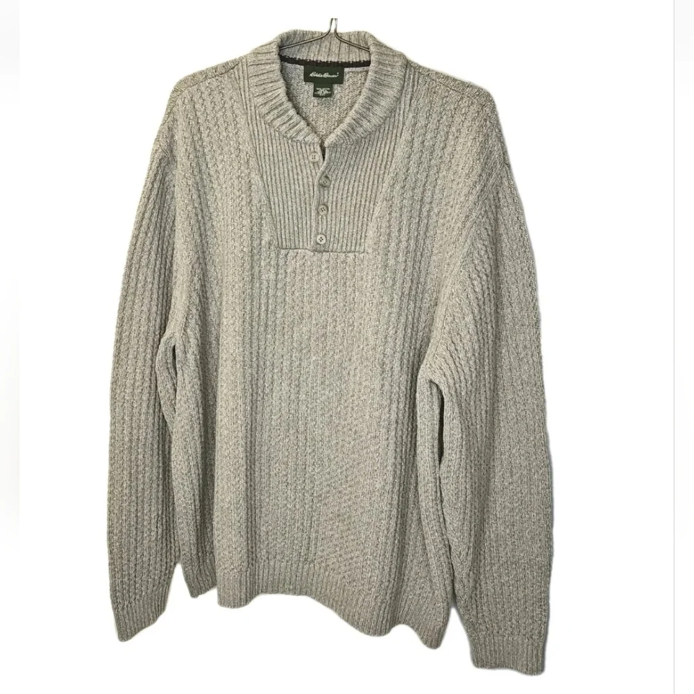 Vintage 80s Eddie Bauer Cable Knit Henley Sweater Men 3X Taupey Gray Qtr Button - Picture 9 of 9